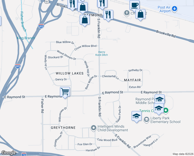 map of restaurants, bars, coffee shops, grocery stores, and more near 7948 Bent Willow Drive in Indianapolis