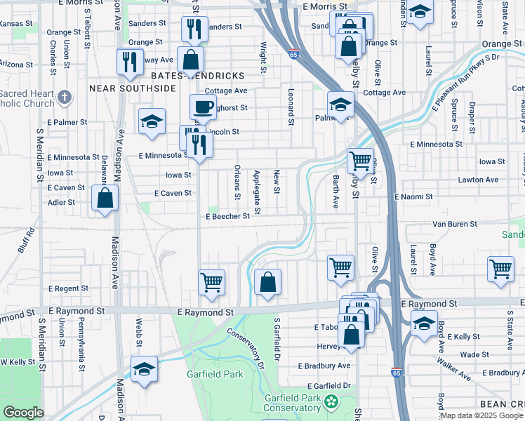 map of restaurants, bars, coffee shops, grocery stores, and more near 1850 New Street in Indianapolis