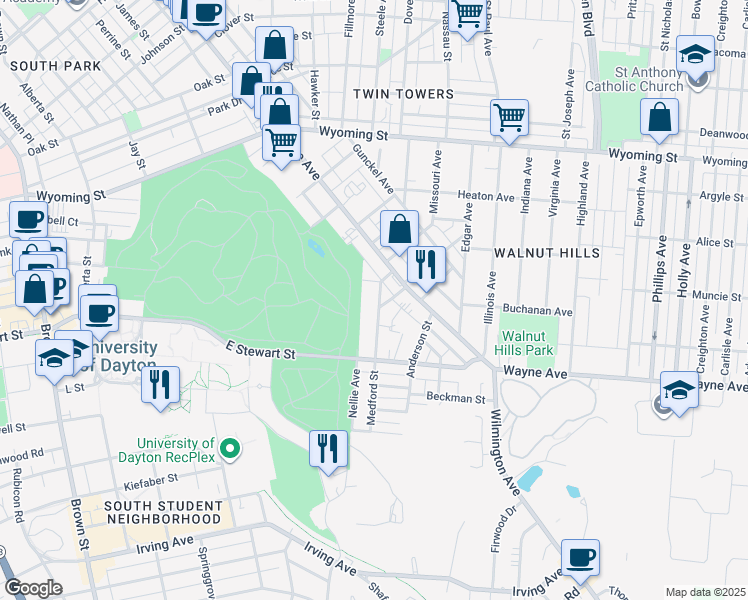 map of restaurants, bars, coffee shops, grocery stores, and more near 123 Medford Street in Dayton