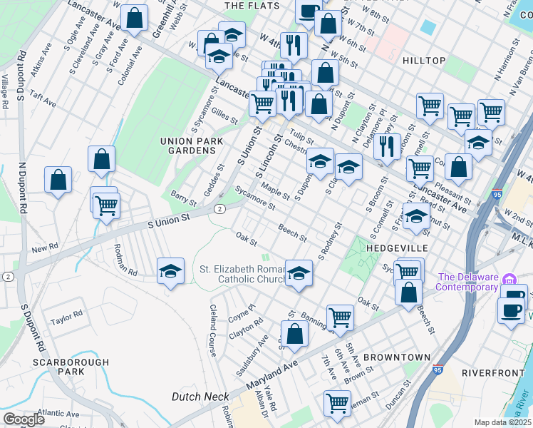 map of restaurants, bars, coffee shops, grocery stores, and more near 1717 Beech Street in Wilmington