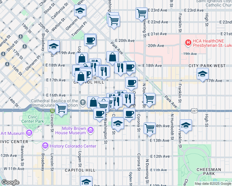 map of restaurants, bars, coffee shops, grocery stores, and more near 1630 North Clarkson street in Denver
