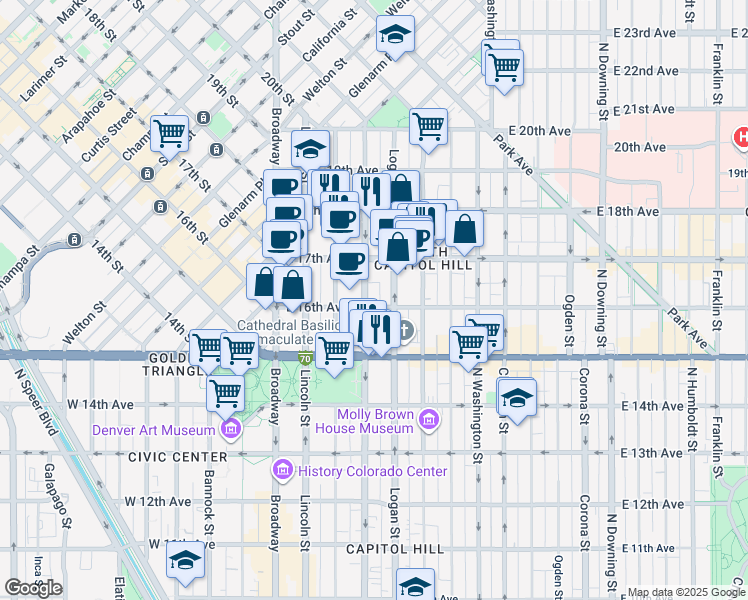 map of restaurants, bars, coffee shops, grocery stores, and more near in Denver