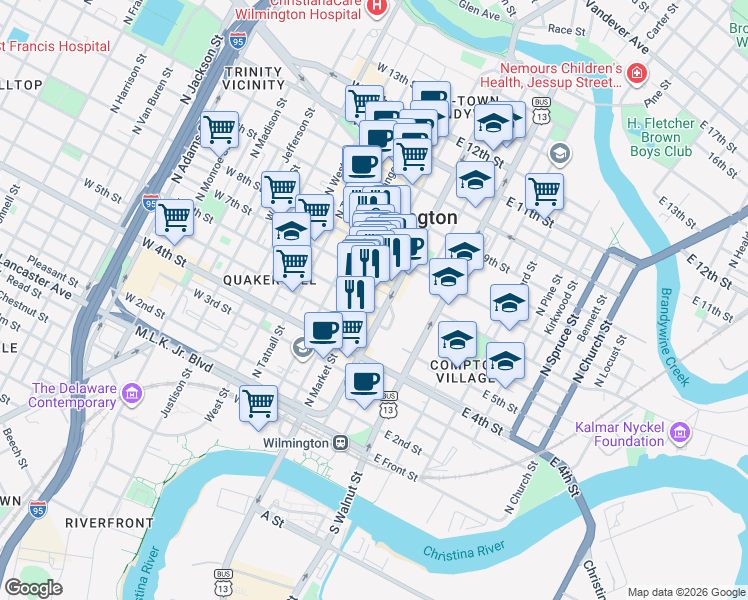 map of restaurants, bars, coffee shops, grocery stores, and more near 600 North Market Street in Wilmington