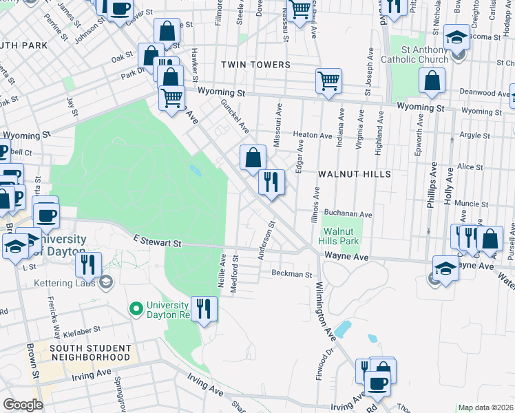 map of restaurants, bars, coffee shops, grocery stores, and more near 2000 Wayne Avenue in Dayton