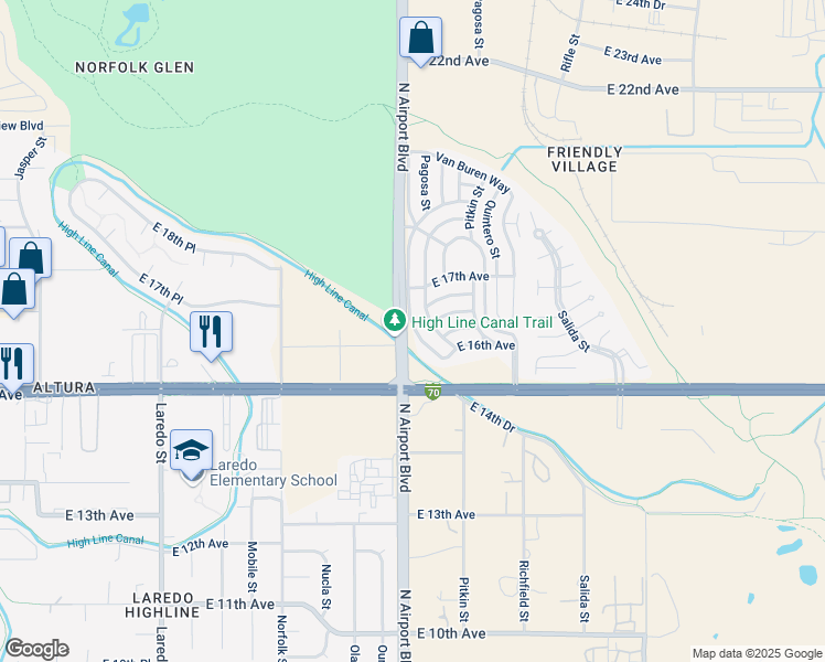 map of restaurants, bars, coffee shops, grocery stores, and more near 1627 Eisenhower Way in Aurora