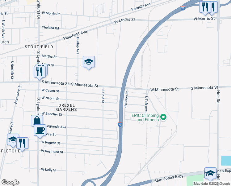 map of restaurants, bars, coffee shops, grocery stores, and more near 4715 West Minnesota Street in Indianapolis