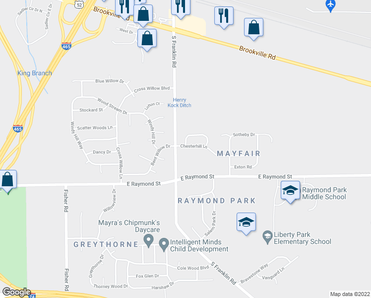 map of restaurants, bars, coffee shops, grocery stores, and more near 8023 Chesterhill Lane in Indianapolis