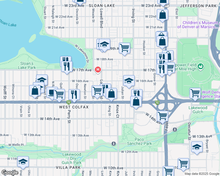 map of restaurants, bars, coffee shops, grocery stores, and more near 1593 King Street in Denver