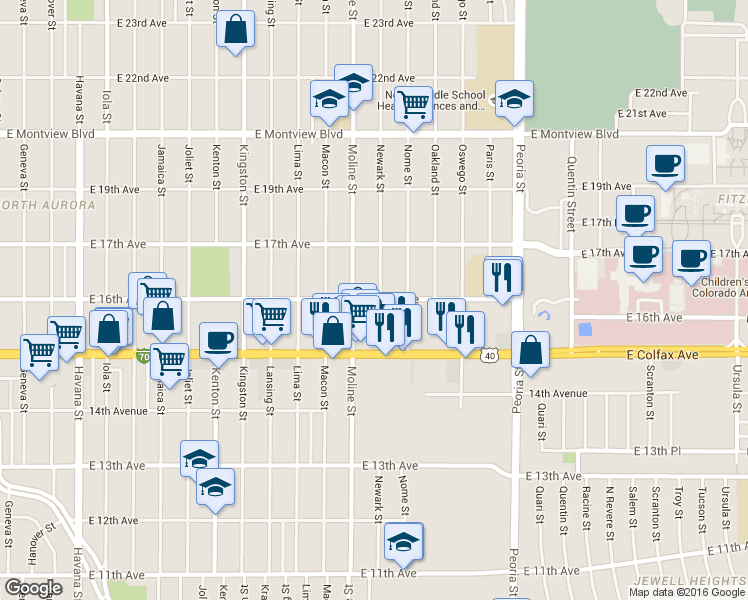 map of restaurants, bars, coffee shops, grocery stores, and more near 1625 Newark Street in Aurora