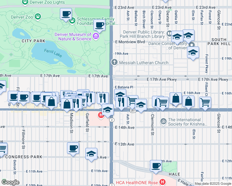 map of restaurants, bars, coffee shops, grocery stores, and more near 4022 Batavia Place in Denver