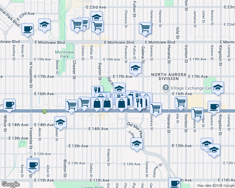 map of restaurants, bars, coffee shops, grocery stores, and more near 9859 East 16th Avenue in Aurora