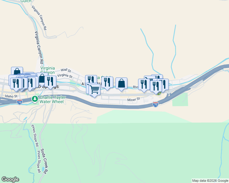 map of restaurants, bars, coffee shops, grocery stores, and more near 2544 Colorado Boulevard in Idaho Springs