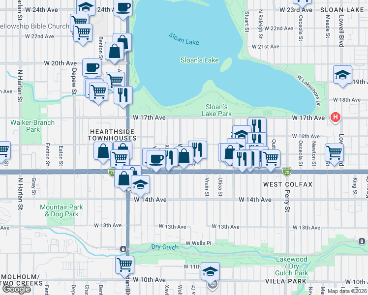 map of restaurants, bars, coffee shops, grocery stores, and more near 1605 Winona Court in Denver