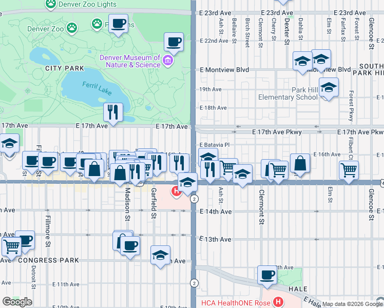 map of restaurants, bars, coffee shops, grocery stores, and more near 1628 Harrison Street in Denver