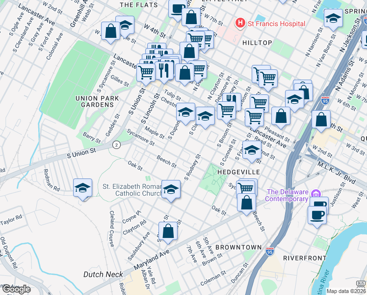 map of restaurants, bars, coffee shops, grocery stores, and more near 499 South Clayton Street in Wilmington