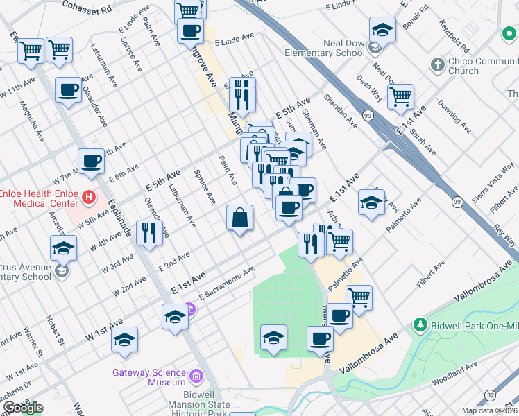 map of restaurants, bars, coffee shops, grocery stores, and more near 1202 Palm Avenue in Chico