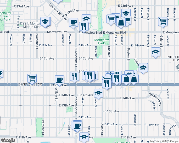 map of restaurants, bars, coffee shops, grocery stores, and more near E 16th Ave & Alton St in Aurora