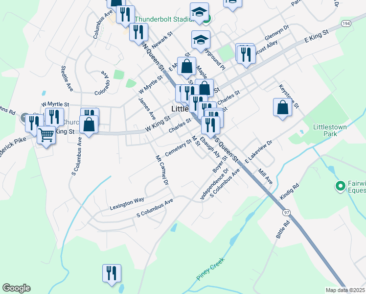 map of restaurants, bars, coffee shops, grocery stores, and more near 128 Cemetery Street in Littlestown