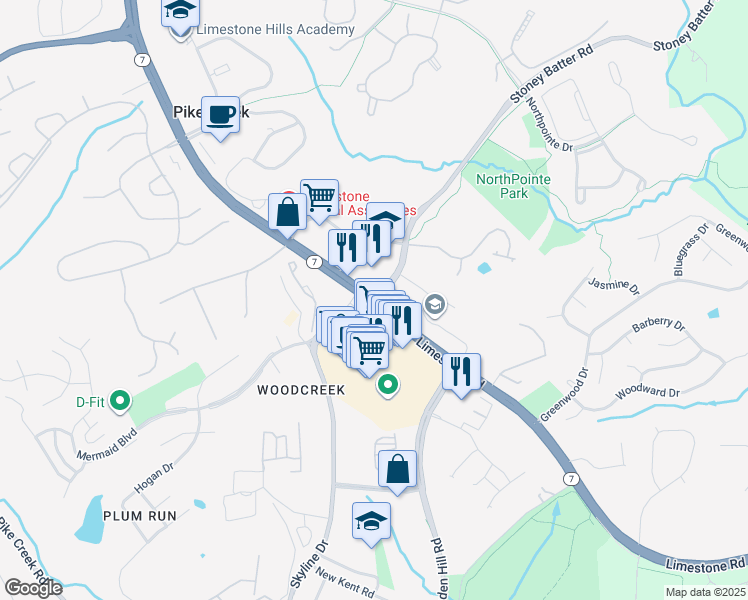 map of restaurants, bars, coffee shops, grocery stores, and more near Limestone Rd & Stoney Batter Rd in Pike Creek