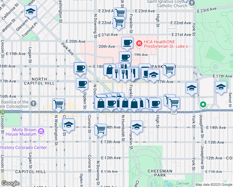 map of restaurants, bars, coffee shops, grocery stores, and more near in Denver