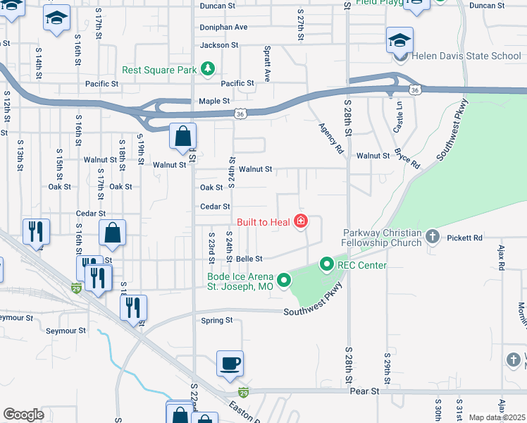 map of restaurants, bars, coffee shops, grocery stores, and more near 2525 Cedar Street in Saint Joseph