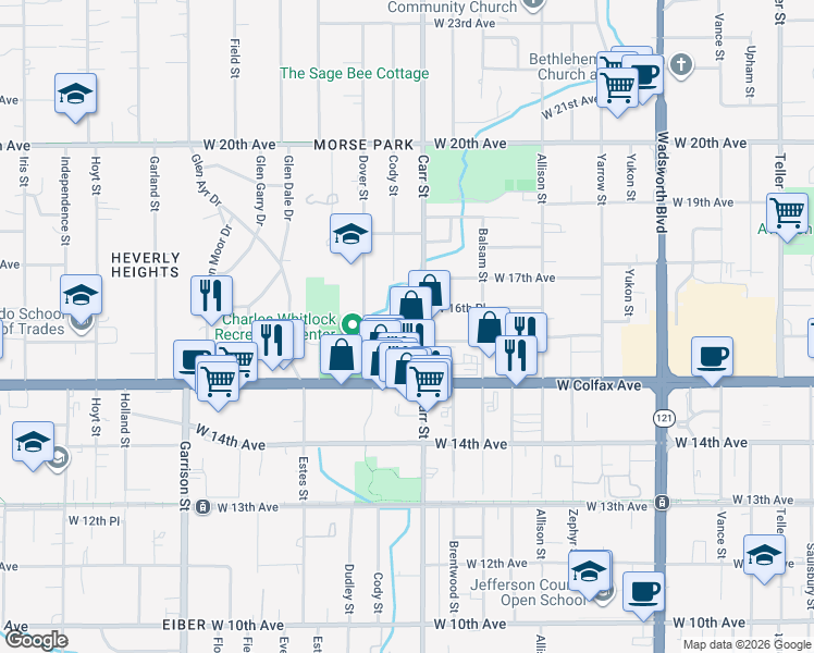 map of restaurants, bars, coffee shops, grocery stores, and more near 1625 Carr Street in Lakewood