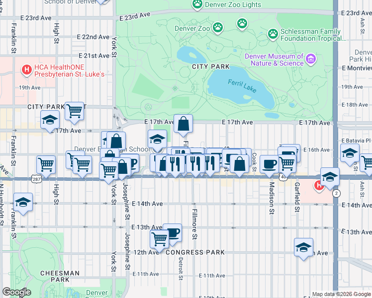 map of restaurants, bars, coffee shops, grocery stores, and more near E 16th Ave & Fillmore St in Denver