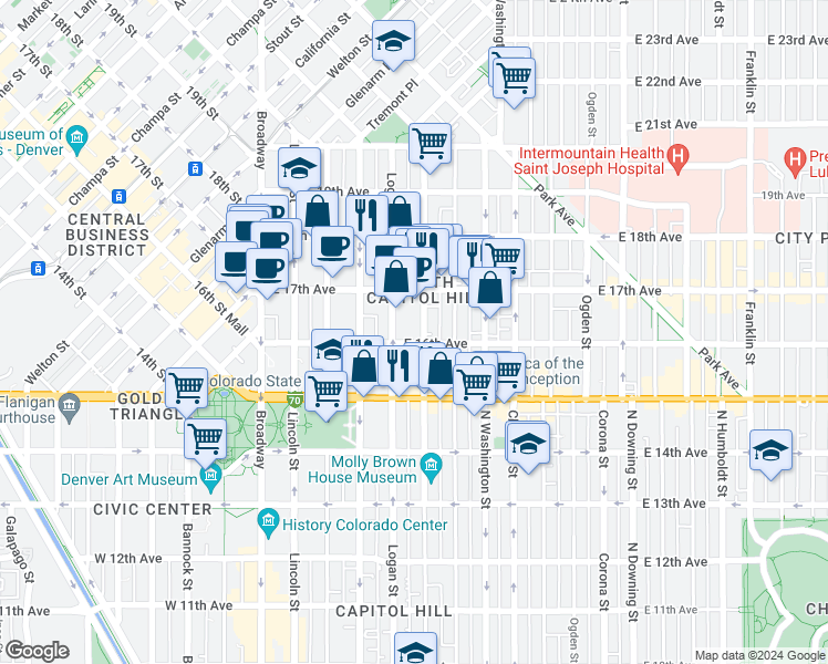 map of restaurants, bars, coffee shops, grocery stores, and more near 1615 Pennsylvania Street in Denver