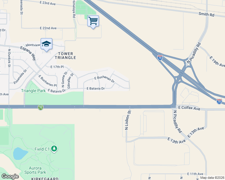map of restaurants, bars, coffee shops, grocery stores, and more near 20672 East Batavia Drive in Aurora