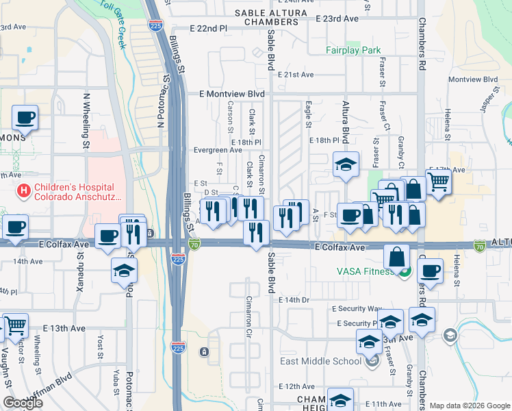 map of restaurants, bars, coffee shops, grocery stores, and more near 1618 Cimarron Street in Aurora