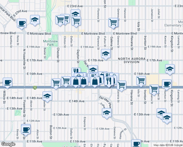 map of restaurants, bars, coffee shops, grocery stores, and more near 9859 East 16th Avenue in Aurora