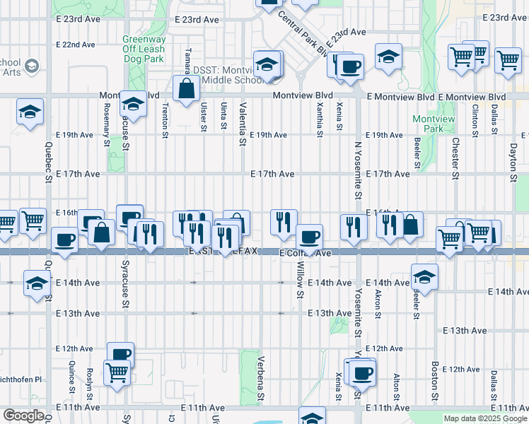 map of restaurants, bars, coffee shops, grocery stores, and more near 1600 Verbena Street in Denver