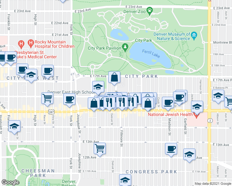 map of restaurants, bars, coffee shops, grocery stores, and more near 1633 Fillmore Street in Denver