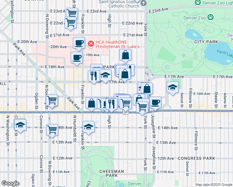 map of restaurants, bars, coffee shops, grocery stores, and more near 1645 Race Street in Denver