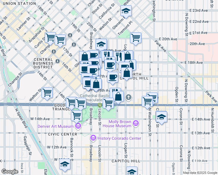 map of restaurants, bars, coffee shops, grocery stores, and more near in Denver
