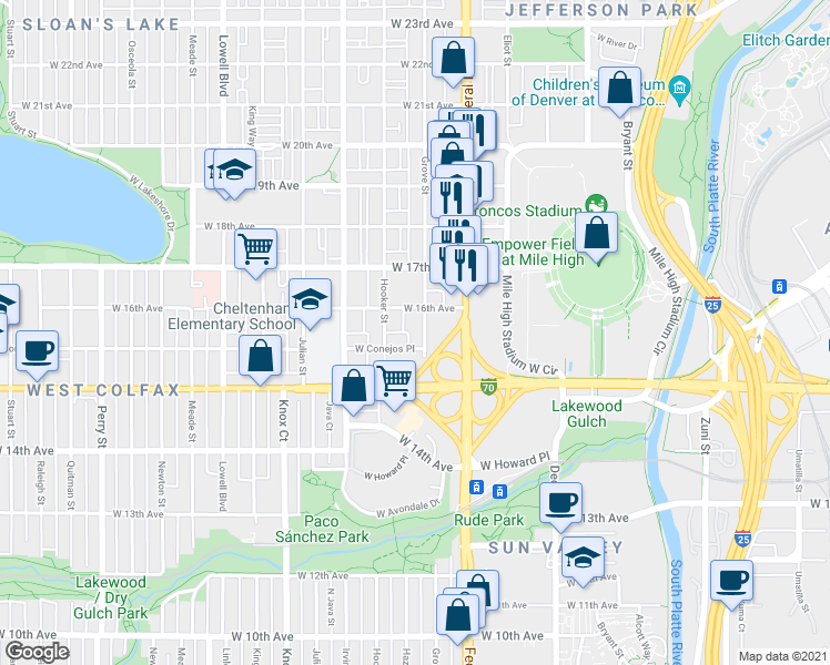 map of restaurants, bars, coffee shops, grocery stores, and more near 1593 Grove Street in Denver