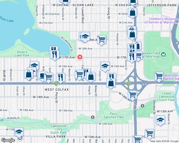 map of restaurants, bars, coffee shops, grocery stores, and more near 1593 King Street in Denver