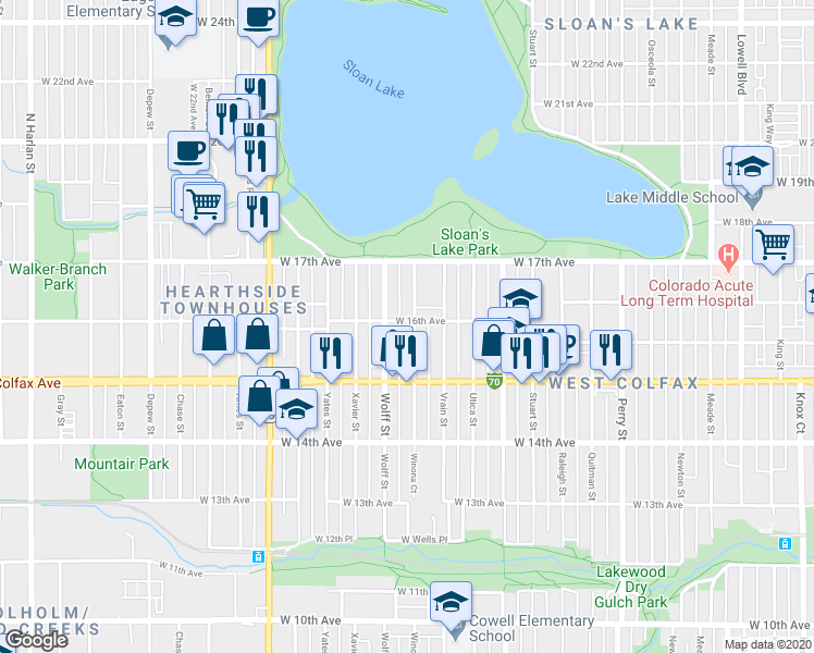 map of restaurants, bars, coffee shops, grocery stores, and more near 1605 Winona Court in Denver