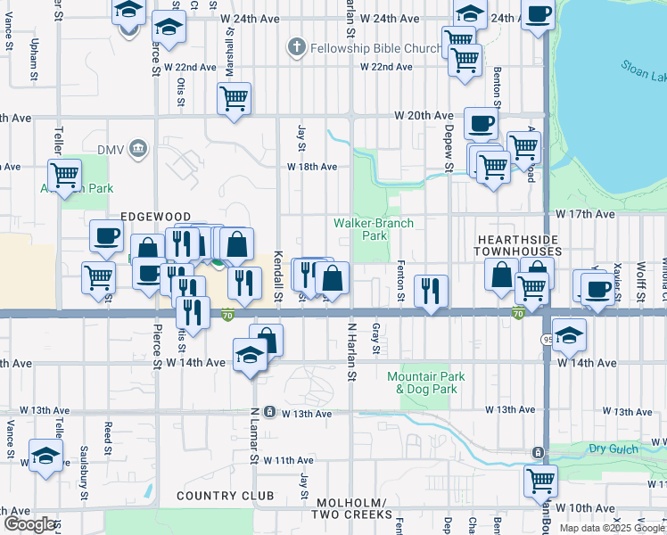 map of restaurants, bars, coffee shops, grocery stores, and more near 1603 North Harlan Street in Lakewood