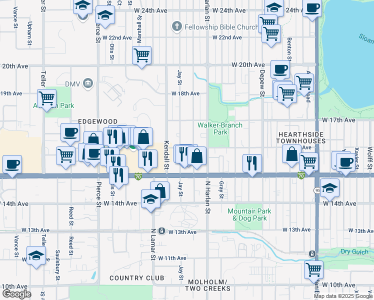 map of restaurants, bars, coffee shops, grocery stores, and more near 1600 Jay Street in Lakewood