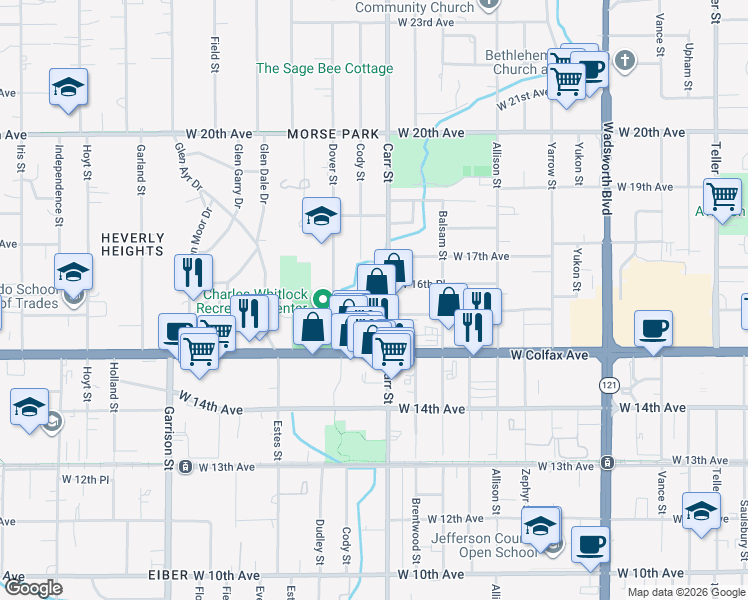 map of restaurants, bars, coffee shops, grocery stores, and more near 1625 Carr Street in Lakewood