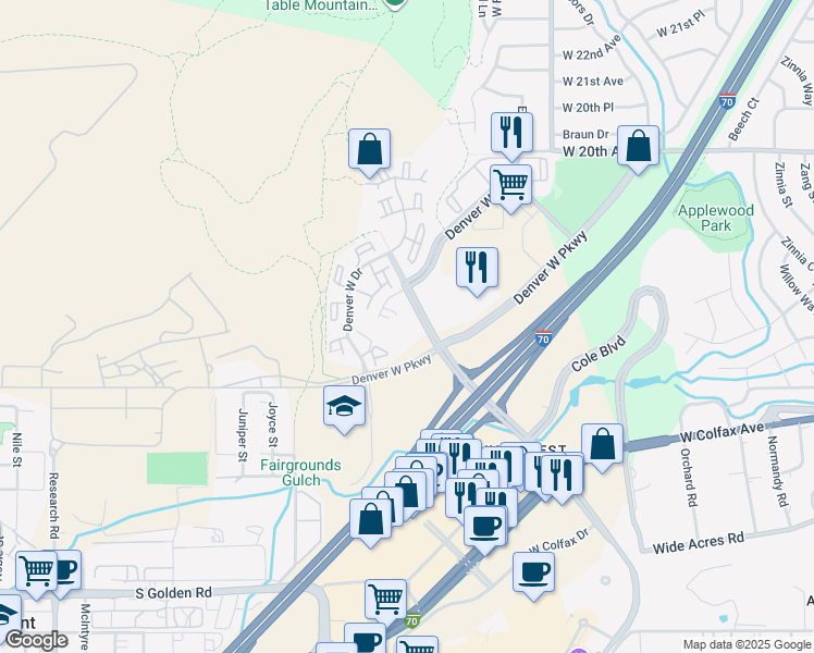 map of restaurants, bars, coffee shops, grocery stores, and more near 1767 Denver West Marriott Boulevard in Golden