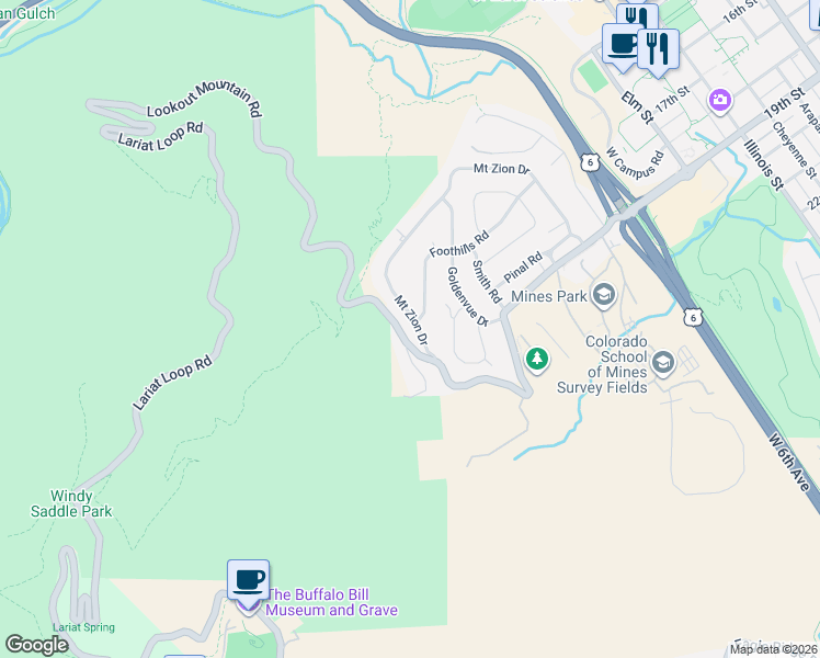 map of restaurants, bars, coffee shops, grocery stores, and more near 2050 Mount Zion Drive in Golden