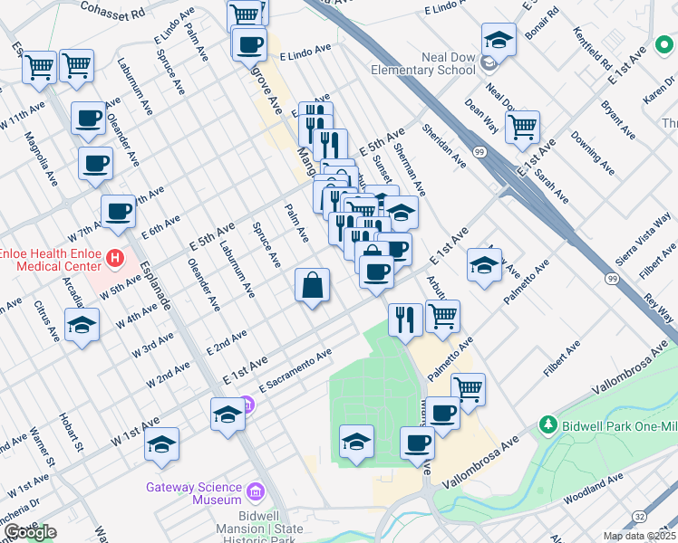 map of restaurants, bars, coffee shops, grocery stores, and more near 555 East 3rd Avenue in Chico