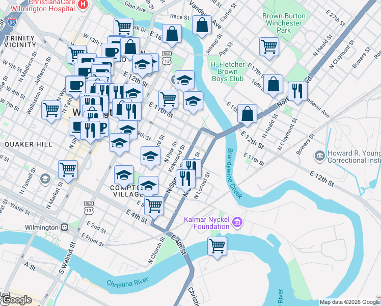 map of restaurants, bars, coffee shops, grocery stores, and more near 711 East 10th Street in Wilmington