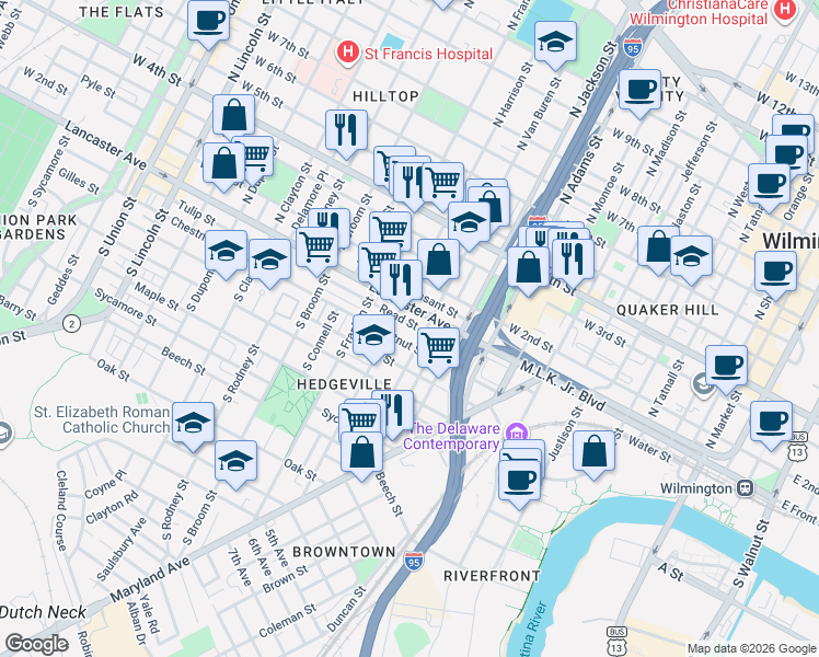 map of restaurants, bars, coffee shops, grocery stores, and more near 1116 Delaware 48 in Wilmington