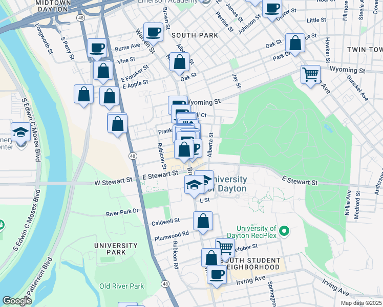 map of restaurants, bars, coffee shops, grocery stores, and more near 22 Woodland Avenue in Dayton