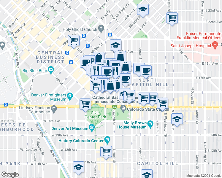 map of restaurants, bars, coffee shops, grocery stores, and more near 25 East 16th Avenue in Denver