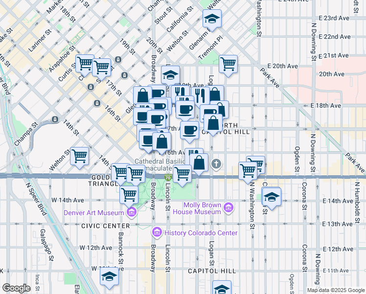 map of restaurants, bars, coffee shops, grocery stores, and more near 1560 Sherman Street in Denver