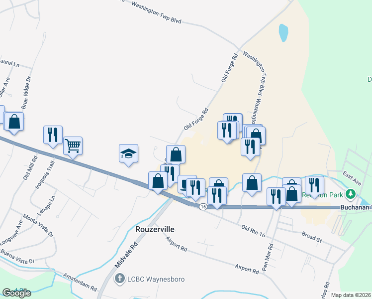 map of restaurants, bars, coffee shops, grocery stores, and more near 12953 Washington Township Boulevard in Waynesboro